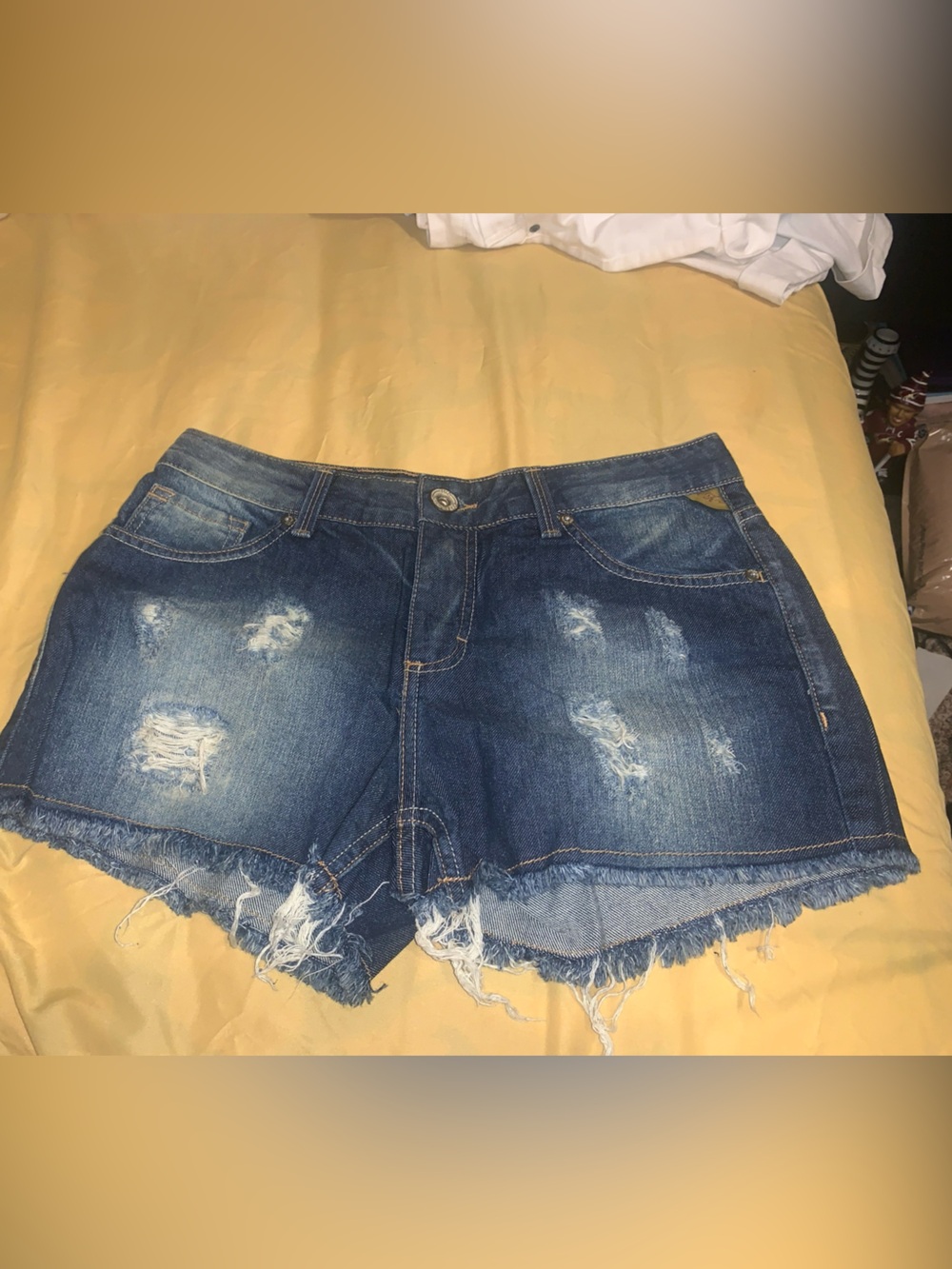 Mid Wash Distressed Denim Shorts with Frayed Hem - Blue